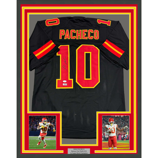 Framed Autographed/Signed Isiah Pacheco 35x39 Kansas City Black Football Jersey JSA COA