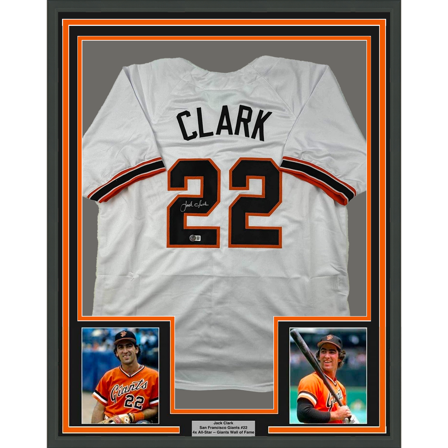 Framed Autographed/Signed Jack Clark 35x39 San Francisco White Baseball Jersey JSA COA