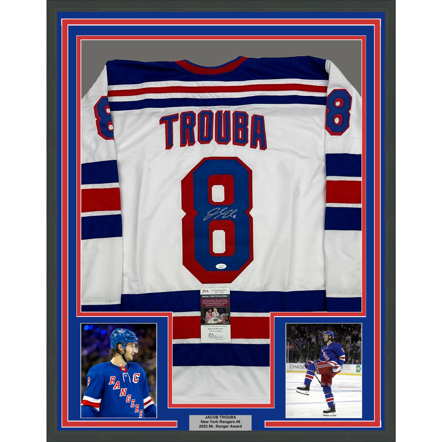 Framed Autographed/Signed Jacob Trouba 35x39 New York White Hockey Jersey JSA COA