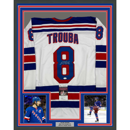 Framed Autographed/Signed Jacob Trouba 35x39 New York White Hockey Jersey JSA COA