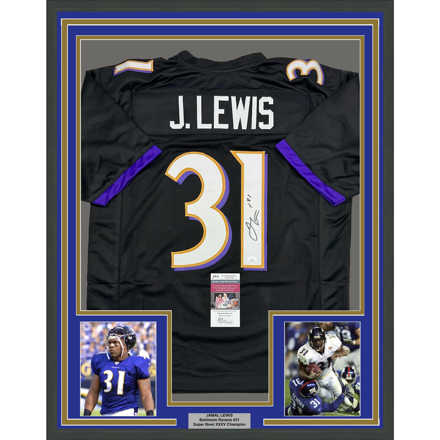 Framed Autographed/Signed Jamal Lewis 35x39 Baltimore Black Football Jersey JSA COA