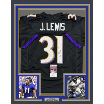Framed Autographed/Signed Jamal Lewis 35x39 Baltimore Black Football Jersey JSA COA