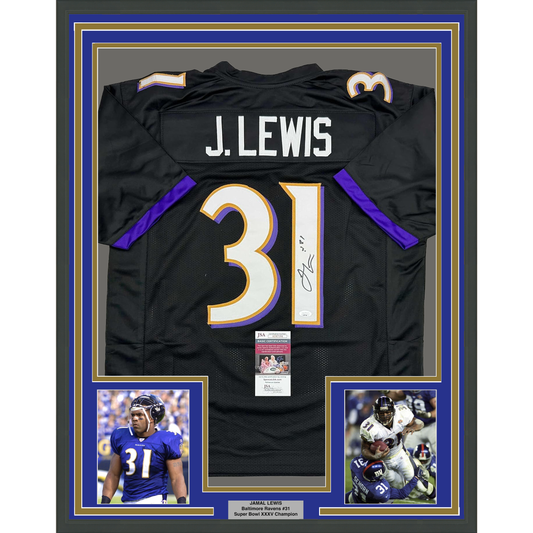 Framed Autographed/Signed Jamal Lewis 35x39 Baltimore Black Football Jersey JSA COA