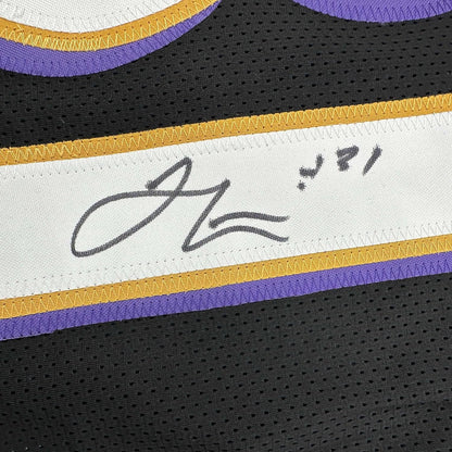 Framed Autographed/Signed Jamal Lewis 35x39 Baltimore Black Football Jersey JSA COA