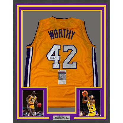Framed Autographed/Signed James Worthy 35x39 Los Angeles LA Yellow Basketball Jersey JSA COA