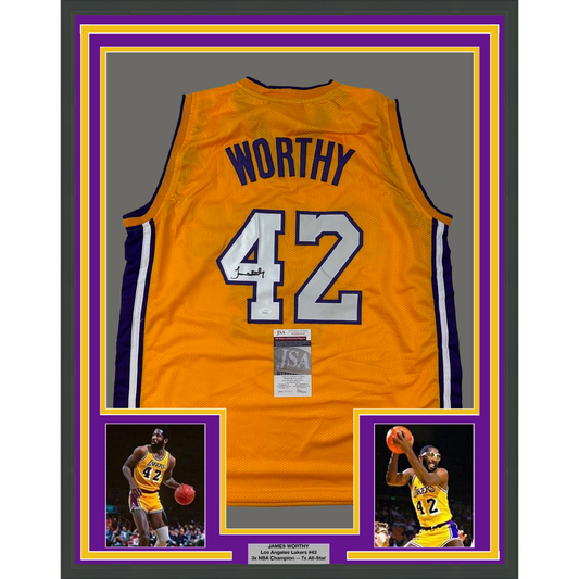 Framed Autographed/Signed James Worthy 35x39 Los Angeles LA Yellow Basketball Jersey JSA COA