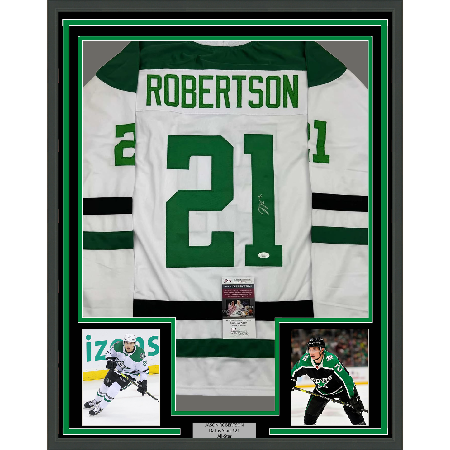 Framed Autographed/Signed Jason Robertson 35x39 Dallas White Hockey Jersey JSA COA