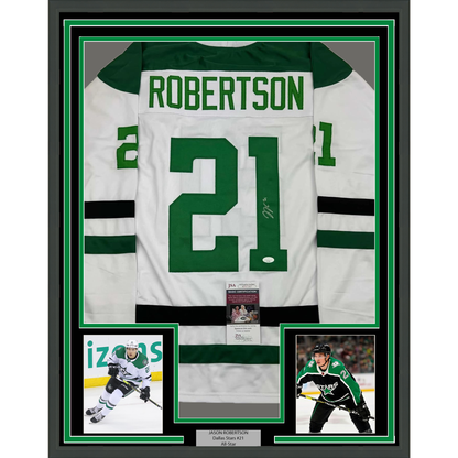 Framed Autographed/Signed Jason Robertson 35x39 Dallas White Hockey Jersey JSA COA