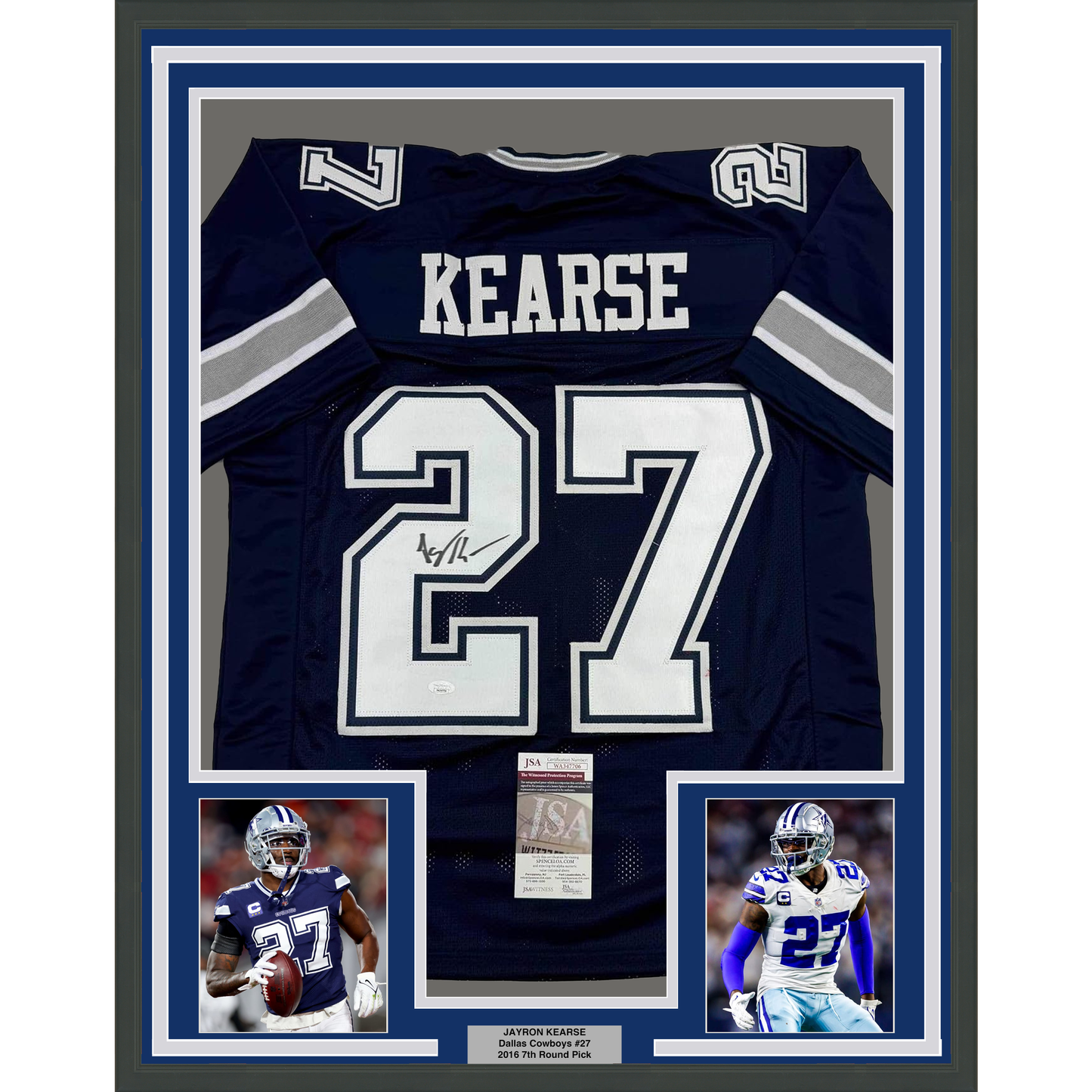 Framed Autographed/Signed Jayron Kearse 35x39 Dallas Blue Football Jersey JSA COA