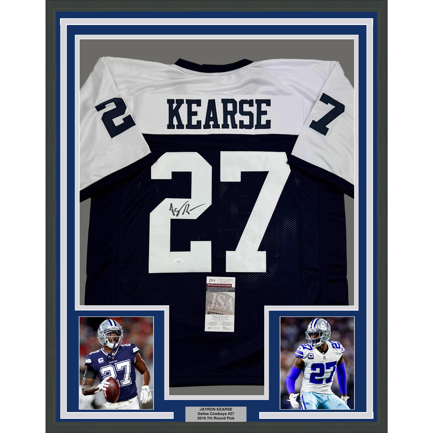Framed Autographed/Signed Jayron Kearse 35x39 Dallas Thanksgiving Football Jersey JSA COA