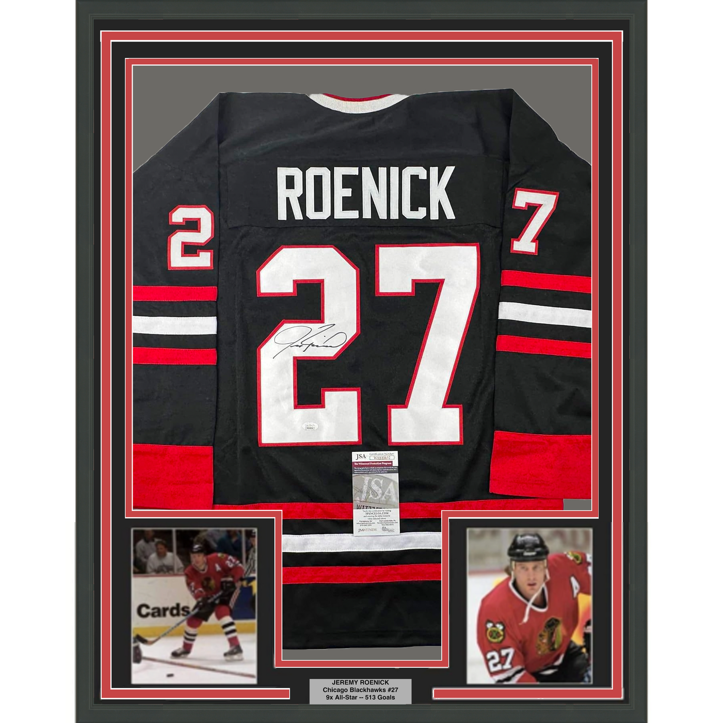 Framed Autographed/Signed Jeremy Roenick 35x39 Chicago Black Hockey Jersey JSA COA