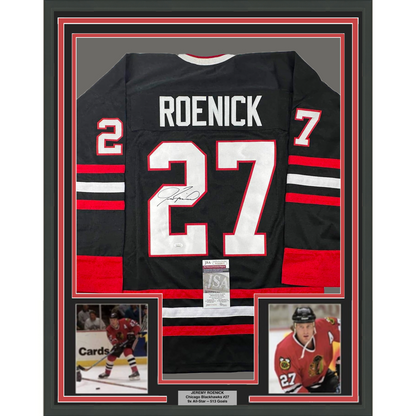 Framed Autographed/Signed Jeremy Roenick 35x39 Chicago Black Hockey Jersey JSA COA