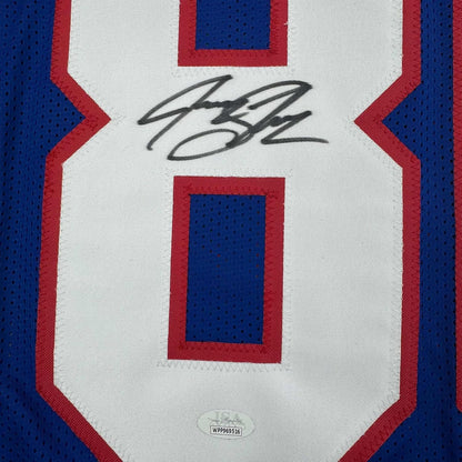 Framed Autographed/Signed Jeremy Shockey 35x39 New York Blue Retro Football Jersey JSA COA #2