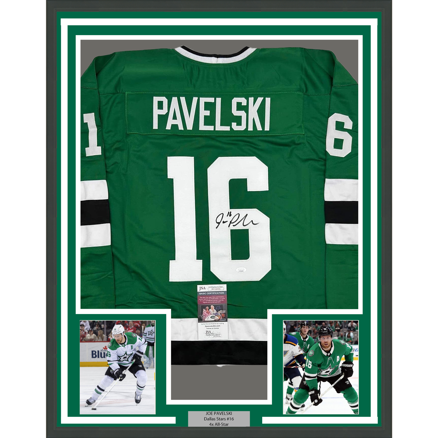 Framed Autographed/Signed Joe Pavelski 35x39 Dallas Green Retro Hockey Jersey JSA COA