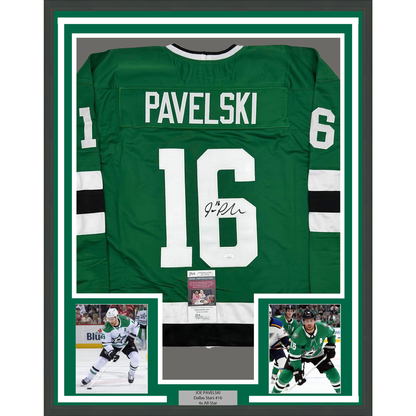 Framed Autographed/Signed Joe Pavelski 35x39 Dallas Green Retro Hockey Jersey JSA COA