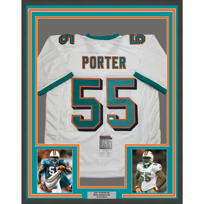 Framed Autographed/Signed Joey Porter Sr. 35x39 Miami White Football Jersey JSA COA