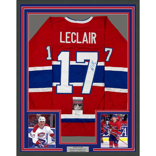 Framed Autographed/Signed John LeClair 35x39 Montreal Red Hockey Jersey JSA COA
