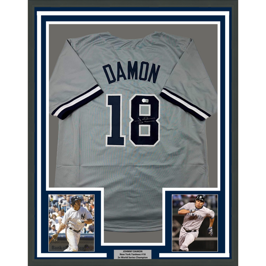 Framed Autographed/Signed Johnny Damon 35x39 New York Grey Baseball Jersey Beckett BAS COA