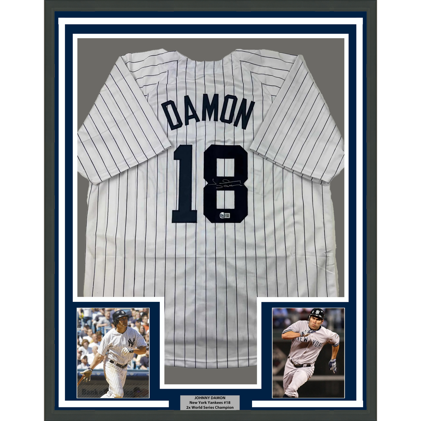 Framed Autographed/Signed Johnny Damon 35x39 New York Pinstripe Baseball Jersey Beckett BAS COA