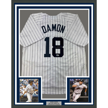 Framed Autographed/Signed Johnny Damon 35x39 New York Pinstripe Baseball Jersey Beckett BAS COA