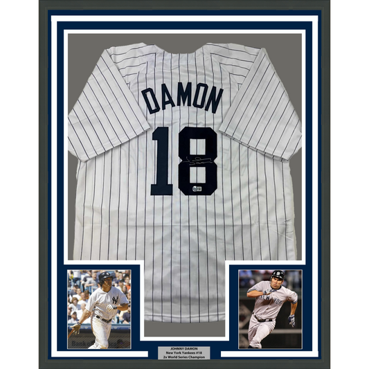 Framed Autographed/Signed Johnny Damon 35x39 New York Pinstripe Baseball Jersey Beckett BAS COA
