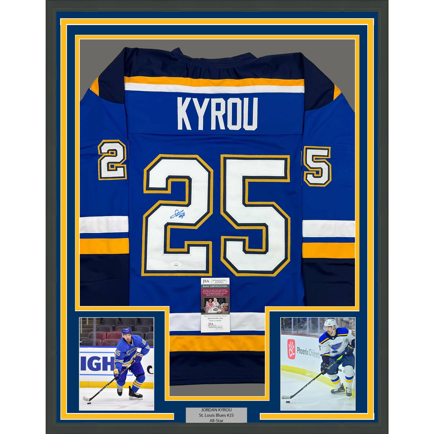 Framed Autographed/Signed Jordan Kyrou 35x39 St. Louis Blue Hockey Jersey JSA COA