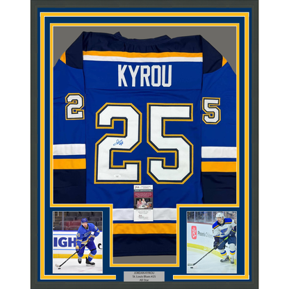 Framed Autographed/Signed Jordan Kyrou 35x39 St. Louis Blue Hockey Jersey JSA COA