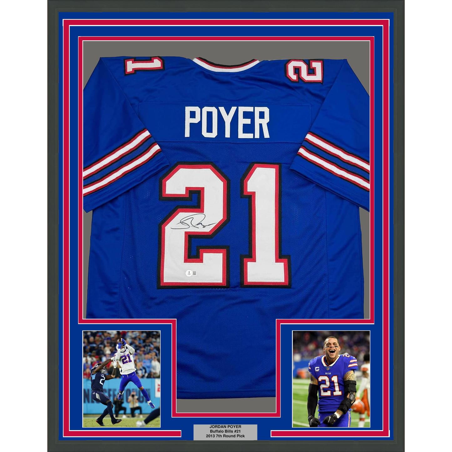 Framed Autographed/Signed Jordan Poyer 35x39 Buffalo Blue Football Jersey Beckett BAS COA