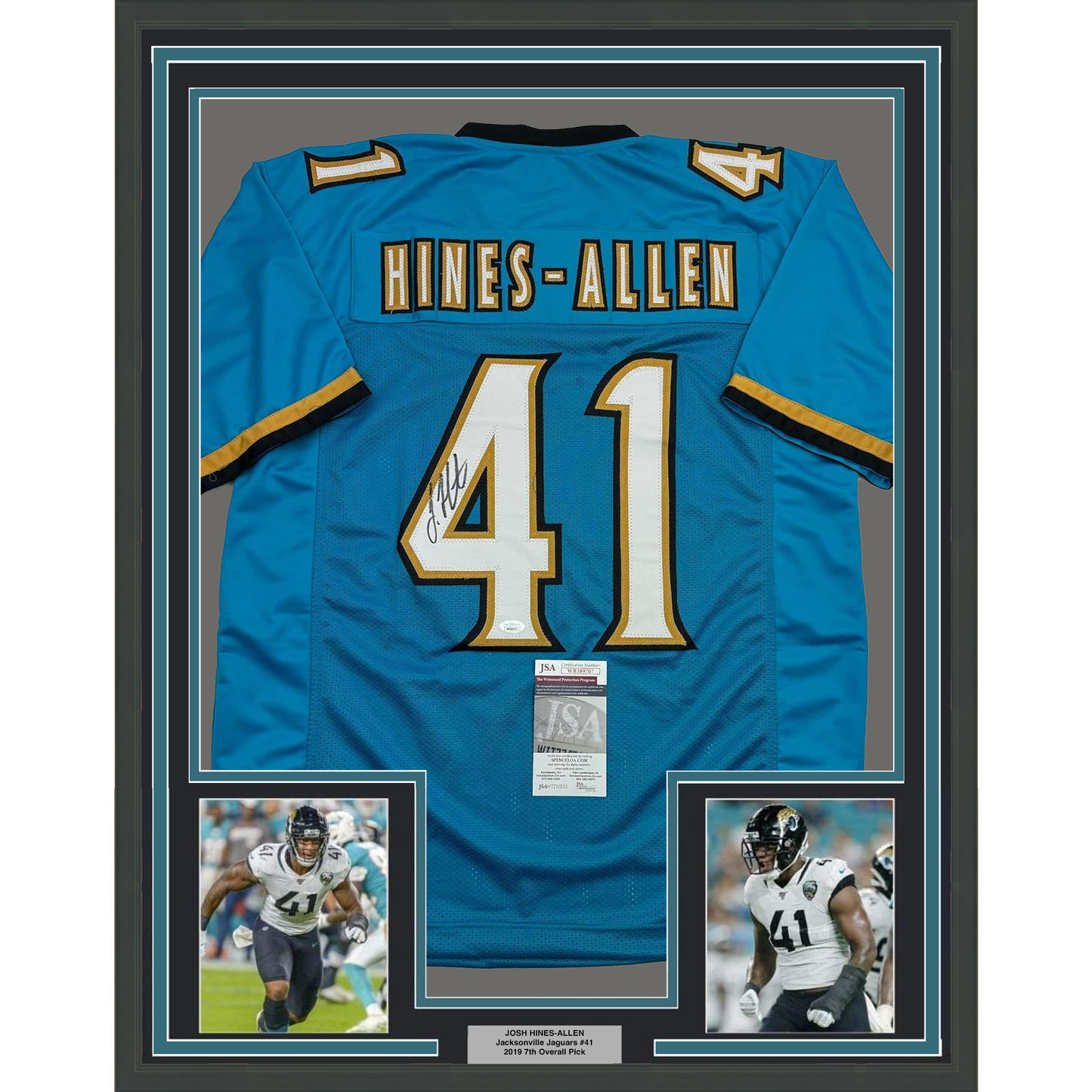 Framed Autographed/Signed Josh Hines-Allen 35x39 Jacksonville Teal Football Jersey JSA COA