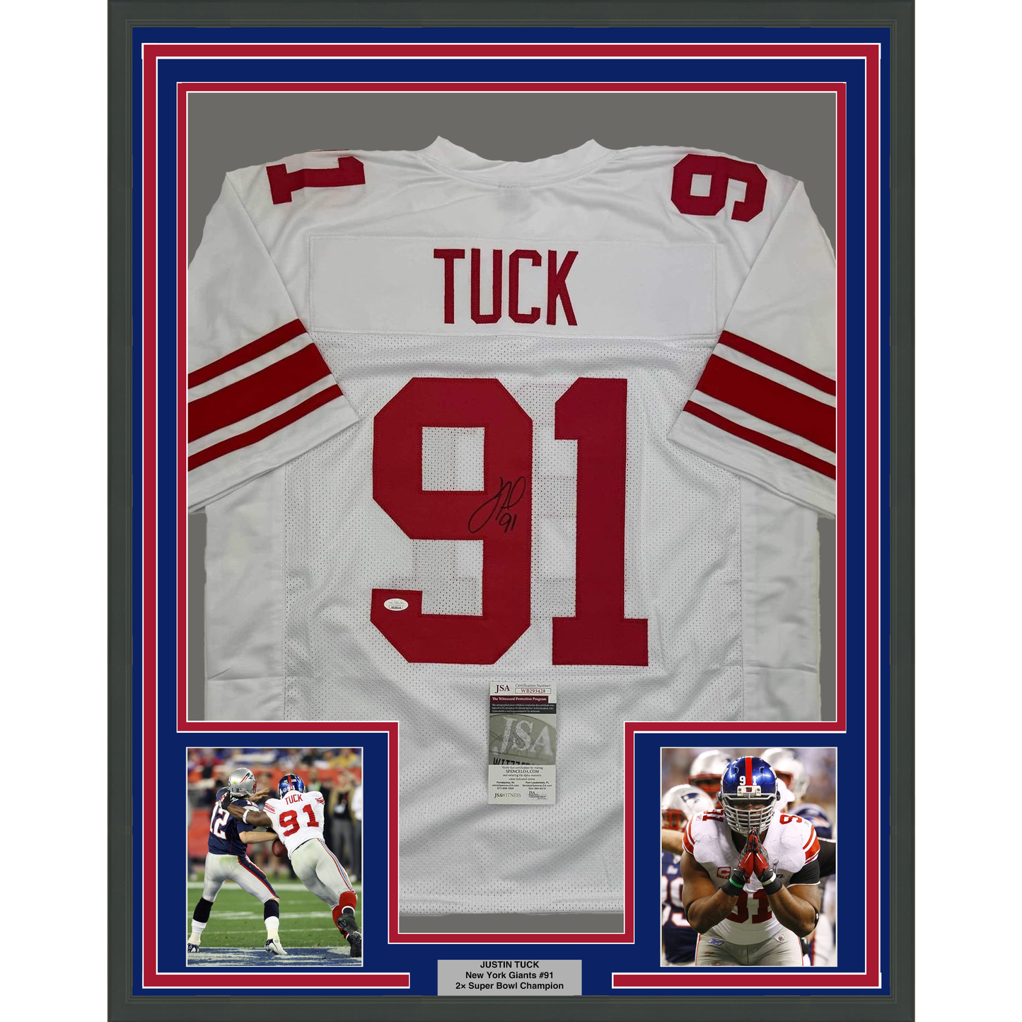 Framed Autographed/Signed Justin Tuck 35x39 New York White Football Jersey JSA COA