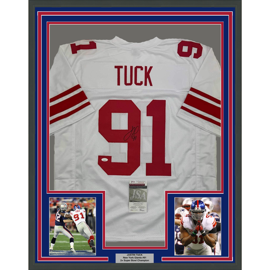 Framed Autographed/Signed Justin Tuck 35x39 New York White Football Jersey JSA COA
