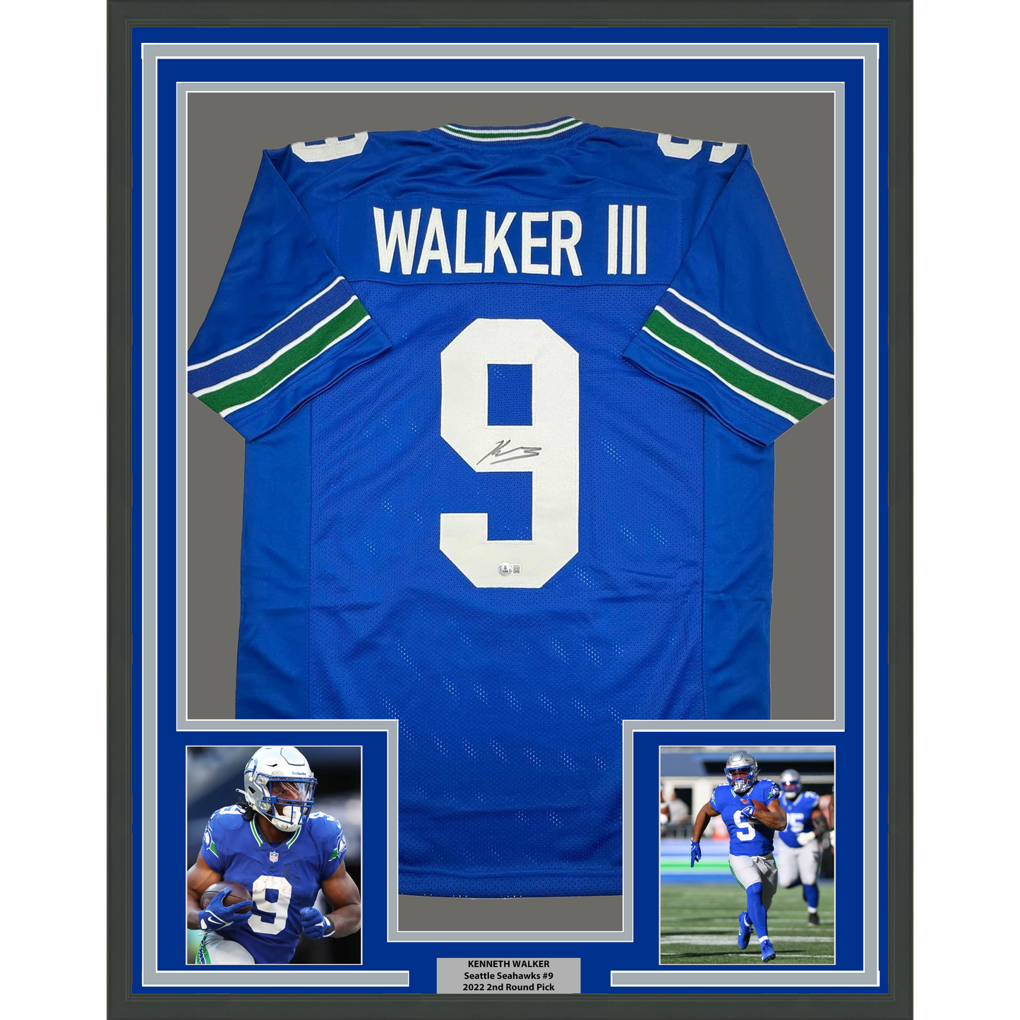 Framed Autographed/Signed Kenneth Walker 35x39 Seattle Retro Blue Football Jersey Beckett BAS COA