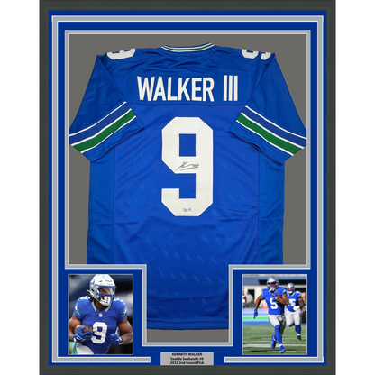 Framed Autographed/Signed Kenneth Walker 35x39 Seattle Retro Blue Football Jersey Beckett BAS COA
