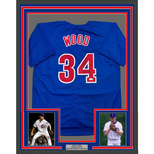 Framed Autographed/Signed Kerry Wood 98 ROY 35x39 Chicago Blue Baseball Jersey Beckett BAS COA