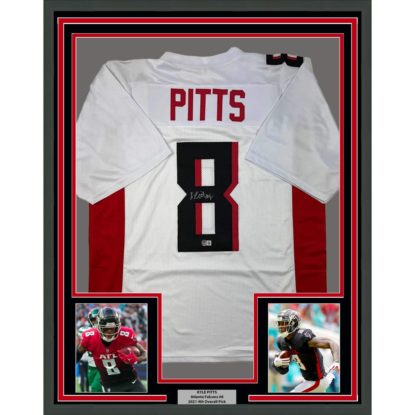 Framed Autographed/Signed Kyle Pitts 35x39 Atlanta White Football Jersey Beckett BAS COA
