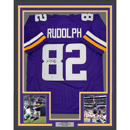 Framed Autographed/Signed Kyle Rudolph 35x39 Minnesota Purple Football Jersey Beckett BAS COA