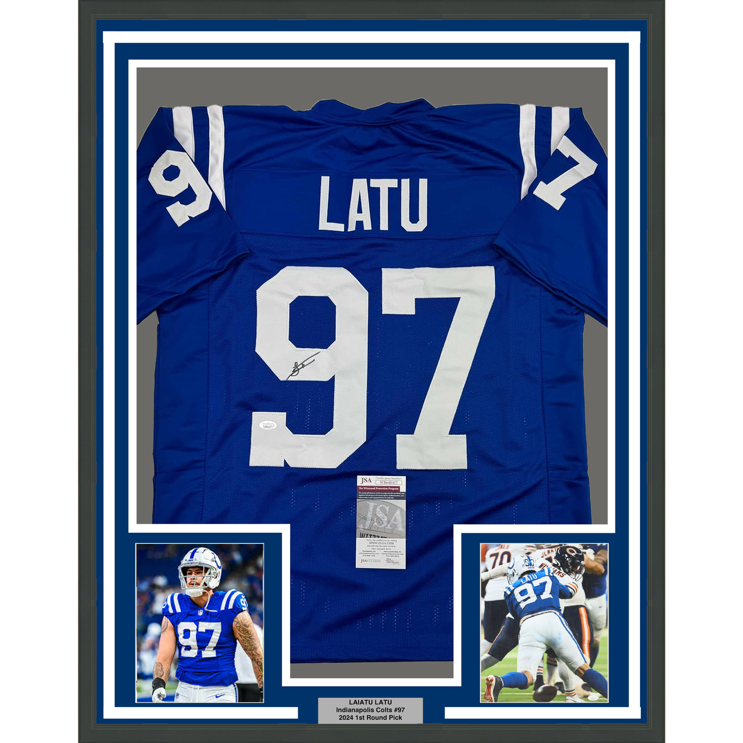 Framed Autographed/Signed Laiatu Latu 35x39 Indianapolis Blue Football Jersey JSA COA