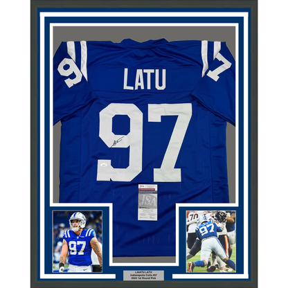 Framed Autographed/Signed Laiatu Latu 35x39 Indianapolis Blue Football Jersey JSA COA