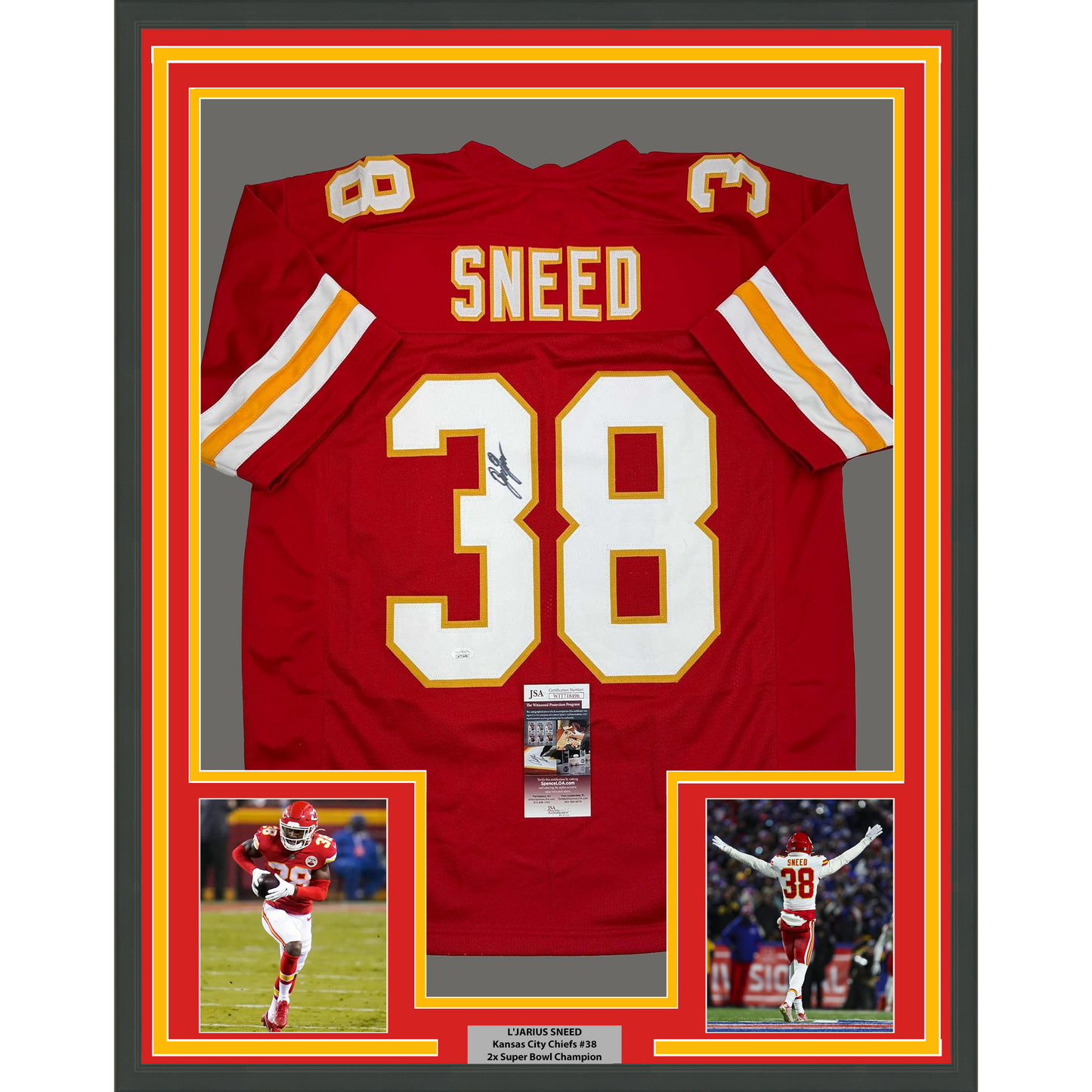 Framed Autographed/Signed L'Jarius Sneed 35x39 Kansas City Red Football Jersey JSA COA