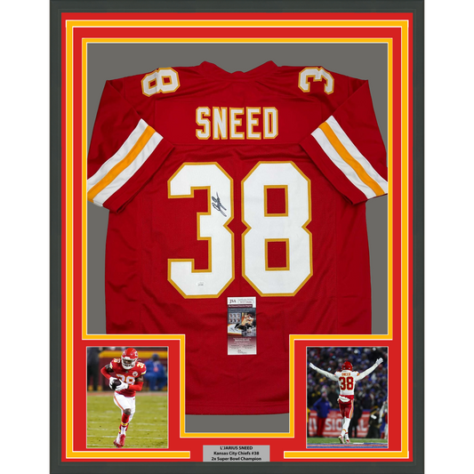 Framed Autographed/Signed L'Jarius Sneed 35x39 Kansas City Red Football Jersey JSA COA