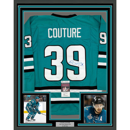 Framed Autographed/Signed Logan Couture 35x39 San Jose Teal Hockey Jersey JSA COA