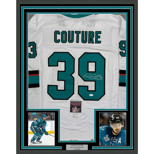 Framed Autographed/Signed Logan Couture 35x39 San Jose White Hockey Jersey JSA COA