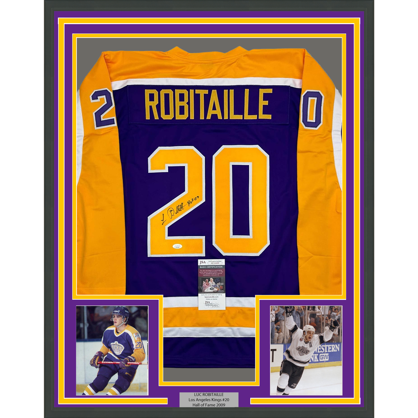 Framed Autographed/Signed Luc Robitaille HOF 09 35x39 Los Angeles LA Purple Hockey Jersey JSA COA
