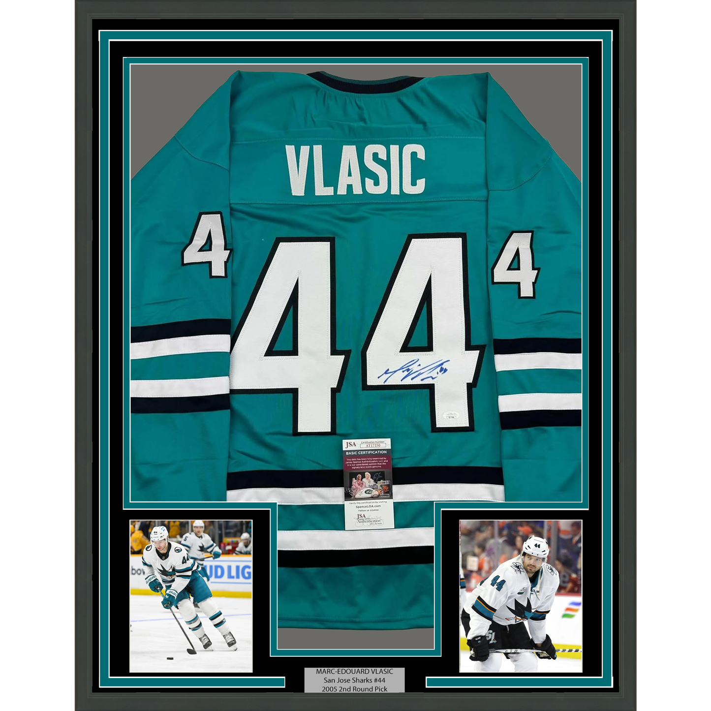 Framed Autographed/Signed Marc-Edouard Vlasic 35x39 San Jose Teal Hockey Jersey JSA COA