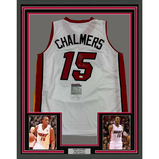 Framed Autographed/Signed Mario Chalmers 35x39 Miami White Basketball Jersey JSA COA