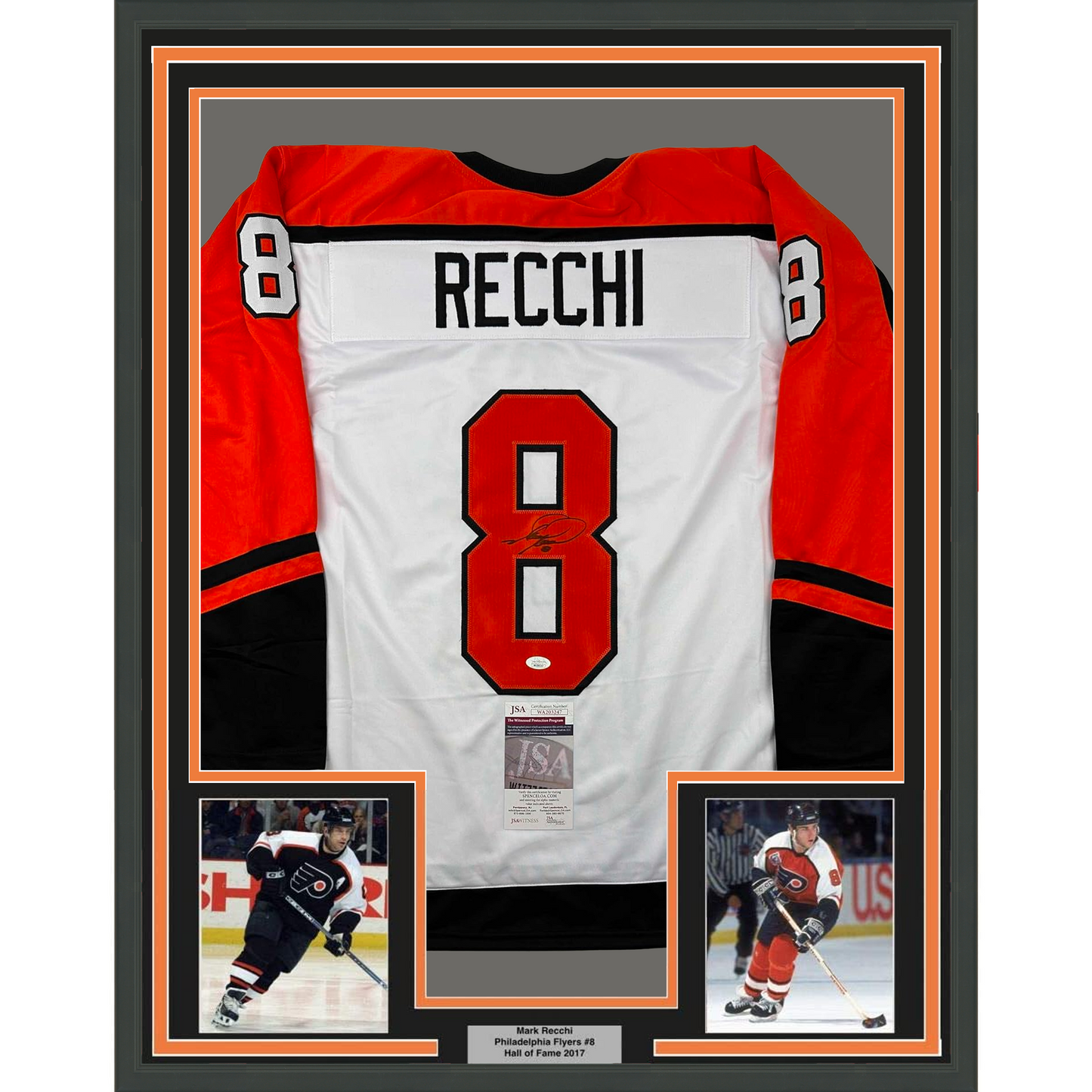 Framed Autographed/Signed Mark Recchi 35x39 Philadelphia White Hockey Jersey JSA COA