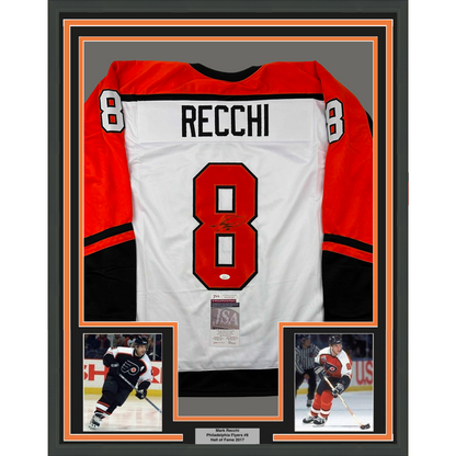 Framed Autographed/Signed Mark Recchi 35x39 Philadelphia White Hockey Jersey JSA COA