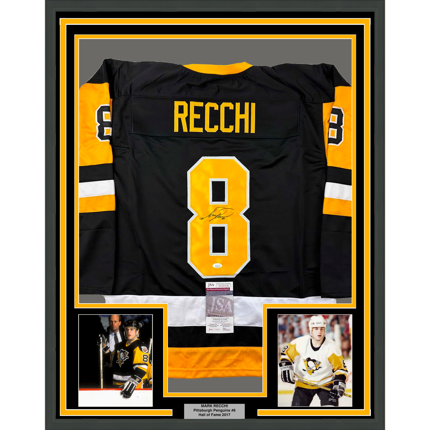 Framed Autographed/Signed Mark Recchi 35x39 Pittsburgh Black Hockey Jersey JSA COA