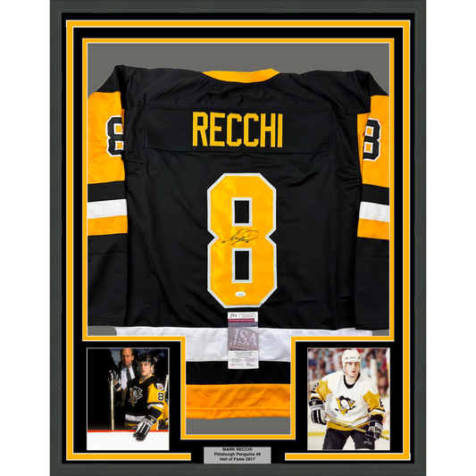 Framed Autographed/Signed Mark Recchi 35x39 Pittsburgh Black Hockey Jersey JSA COA