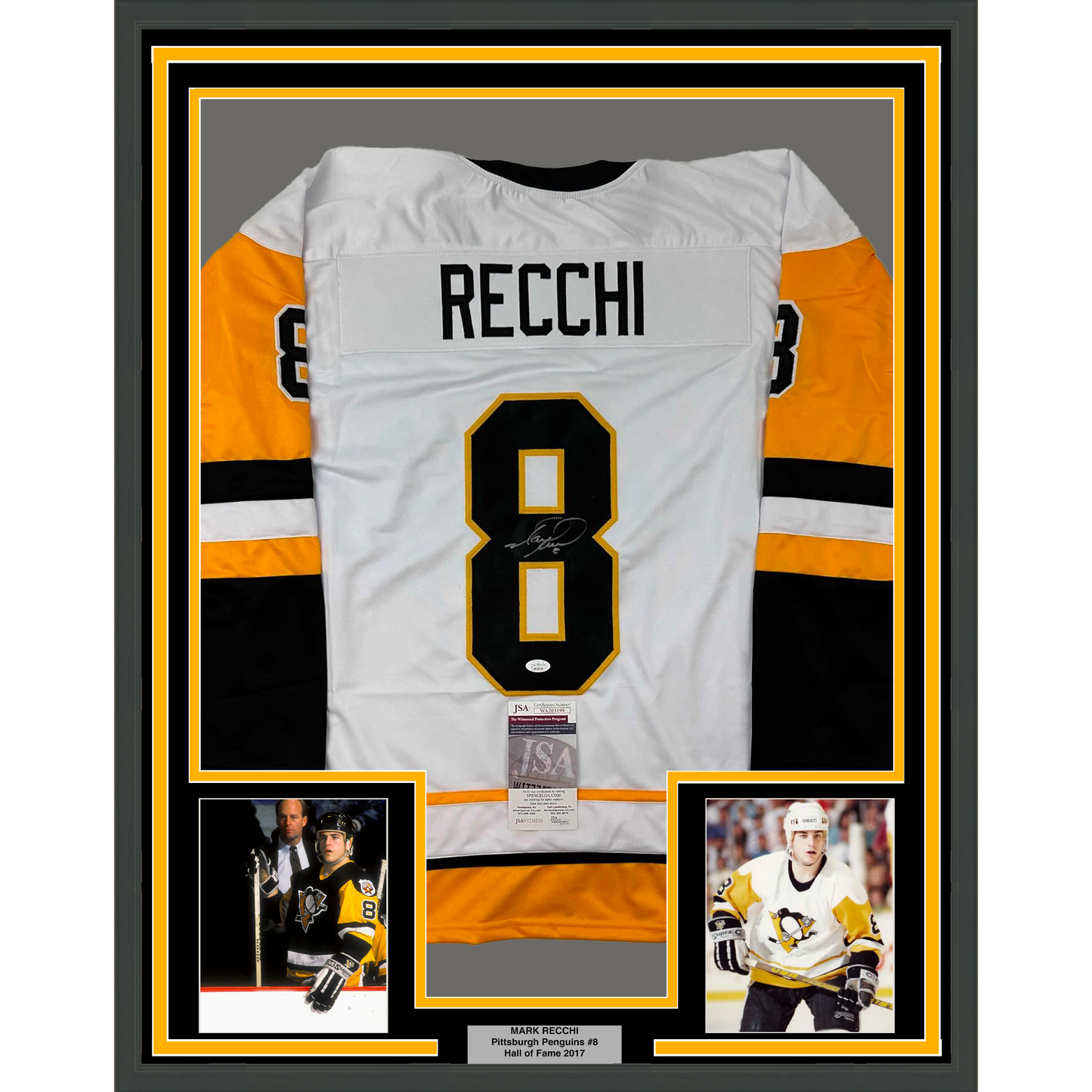 Framed Autographed/Signed Mark Recchi 35x39 Pittsburgh White Hockey Jersey JSA COA